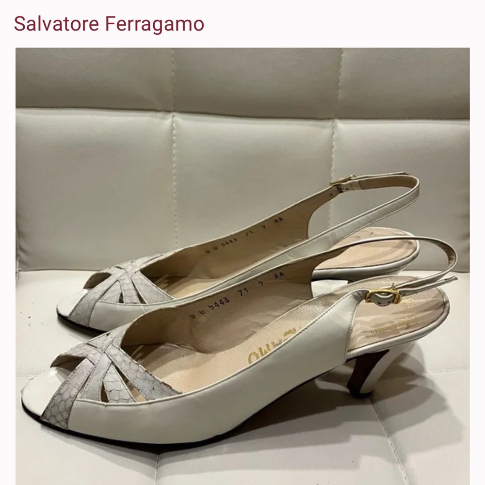 Salvatore Ferragamo White Leather Slingbacks Heels 9 AA Reptile Open Toe w Box